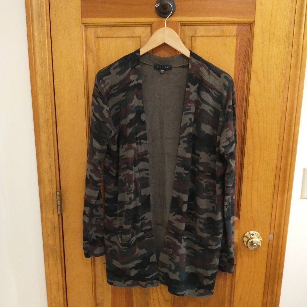 Sanctuary Olive/Brown/Black Camo Cotton/Nylon Open-Front V-Long Cardigan, size M